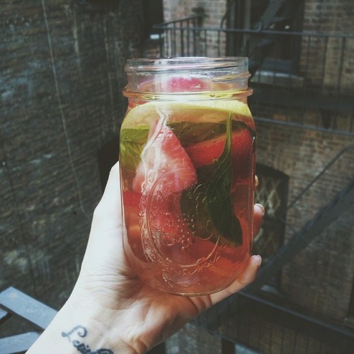 sophiejunggg:  My Monday started off with this infused water {lemon, basil & strawberries} 