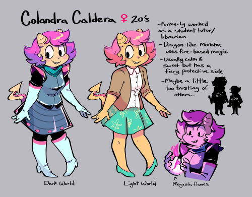 An updated ref sheet for Colandra, my Deltarune OC! With a little more info on her that I haven’t sh
