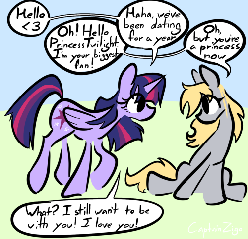 digital fanart of twilight sparkle and bubbles from mlpfim. twilight is crouching to be level with bubbles who is sitting and looking up at twi. twi: "hello ♡" bubbles: "oh hello princess twilight! i am your number one fan!" twi: "haha we've been dating for a year now." bubbles: "oh, but you're a princess now." twi: "what? i still want to be with you! i love you."