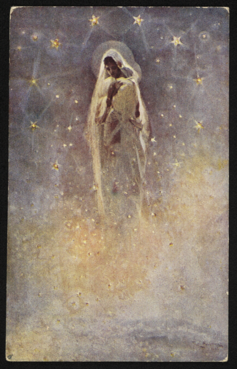 slavicafire:Virgin Mary on The Milky Way. Vintage Polish postcard with artwork by Piotr Stachiewicz,