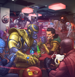 munchkin80:extraordinarycomics:Marvel Villains.Created by: Patrick Brown.Can I just say that I love that the artist made Stan Lee the bartender!