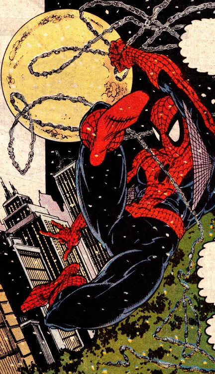 jthenr-comics-vault:  Spider-Man swinging around in a snowy NYAmazing Spider-Man #314 (April 1989)Art by Todd mcFarlane & Bob Sharen 