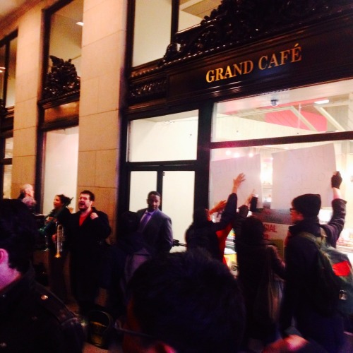 “Grand Café, what do you say? WE WANT JUSTICE!!” Early AM demo inside Grand Café &amp; outside Le Mi