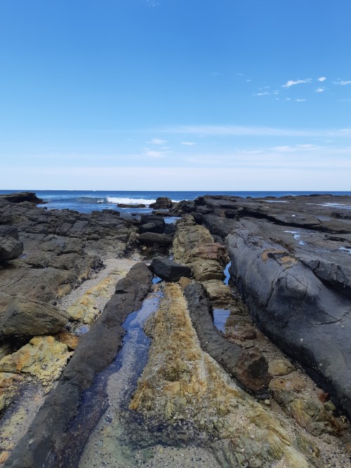  The dark coloured rock is a sedimentary rock and the bright coloured rock is an igneous rock (used 