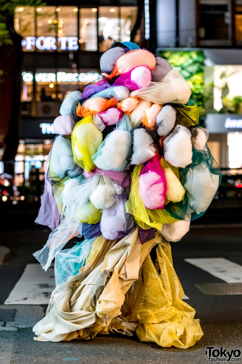 17-year-old Japanese high school student Kanji on the street in Harajuku wearing a colorful structur