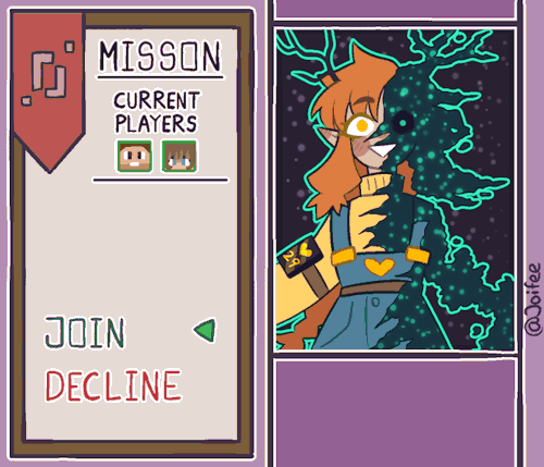 A mission interface. 
On the right it a moving image of Gem. Half her side is corrupted by a twitching void.
Text on the left is moving and says:
"Mission.
Current Players
[images of impulse and pearl]
Gem wants you to defeat the enderdragon!
Join
Decline."

Text under Gem says:
"Join my pumpkin army!!!"