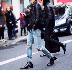 iolsi:Saint Laurent Destroyed JeansSaint Laurent Black Wyatt Boots