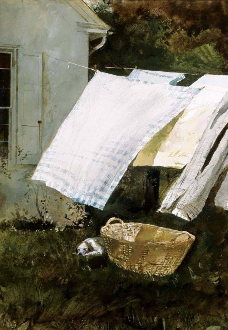 I remember my mom hanging out the wash in 1961, and the aroma of things fresh from the clothesline. No dryer sheet will ever come close.
Andrew Wyeth - Light Wash 1961