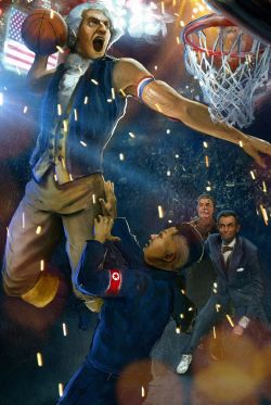 th3wander3r:  stunningpicture:  A fellow redditor commissioned me to paint Washington dunking on Kim Jong Un while Lincoln and Stalin watch. Thanks /u/fact_school_cat  Fuck yes. 