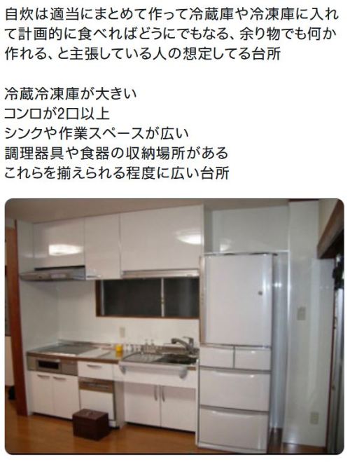 y-kasa:イカ墨インキ: 「自炊は適当にまとめて作って冷蔵庫や冷凍庫に入れて計画的に食べればどうにでもなる、余り物でも何か作れる、と主張している人の想定してる台所 冷蔵冷凍庫が大きい