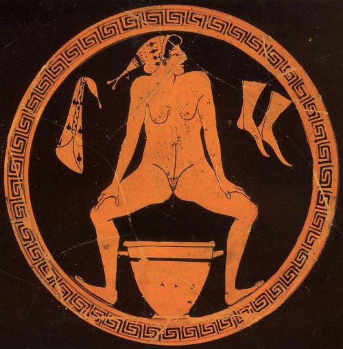 this is art of a hetaira pissing into a chamber pot and a hetaira doing the nasty with a satyr which