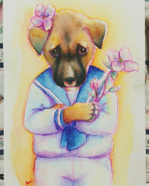 Dog with dogwood flowers. Inspired by a pic of @debbehthewebbeh ’s doggo, and the art of @yuko