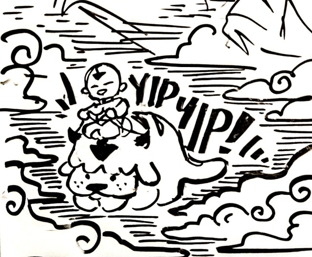 Whiteboard doodle of Aang flying on Appa in the clouds yelling Yip Yip!