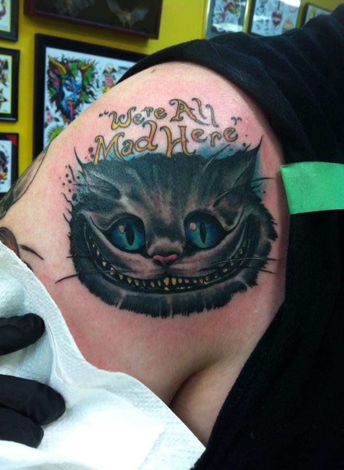 Tattoo uploaded by Kelli Allen  Were all mad here  AliceinWonderlandtattoo aliceinwonderland madhattertattoo madhatter  wereallmadhere chesirecat hatter  Tattoodo