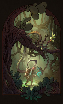 bridgioto:  The Naturalist Catcher is a beast keenly adapted to the excess of highly enthusiastic 18th century naturalists constantly traipsing through its forest. Been jamming on this illustration all week! I struggled with coloring it a lot, actually,