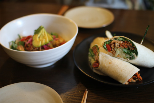 Thai Peanut Soba Bowl & Tempeh Rainbow Wrap; Purple Sweet Potato Chestnut Pie & Berry Berry 