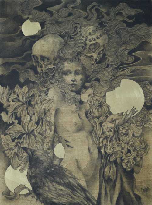 Halcyon (2014 / Graphite and 24c gold leaf on wood panel) - Craww