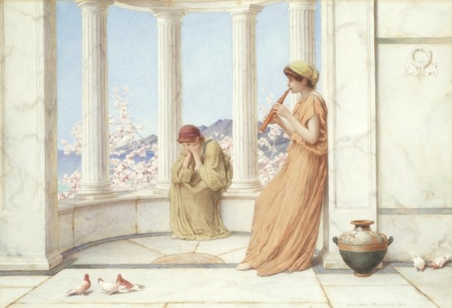 Classical maidens on the terrace, one playing an aulos. Henry Ryland (British, 1856-1924). Watercolo