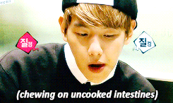 chan-soo:   Byun Baekhyun forever struggling with his food (╯°Д°）╯cucumber