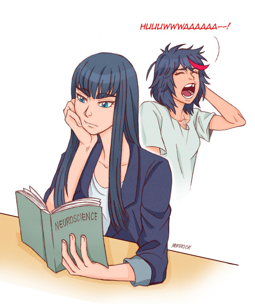 herokick:College AU~Satsuki reading for “fun”. Ryuko waking up from a nap.  > u< <3