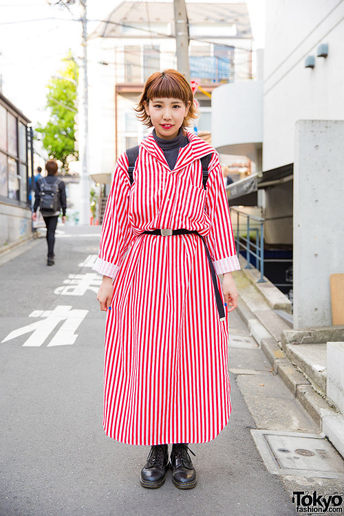 19-year-old Hiraharacchi on the street in Harajuku with a resale striped shirt dress, resale backpac