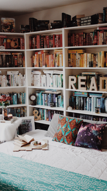 My book nook for now (Before anyone judges my rainbow shelves… When you move 1600 miles and h