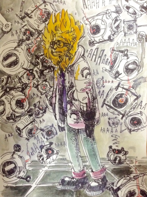 had a kind of shitty day, drew myself in the room where all the robots scream art therapy go