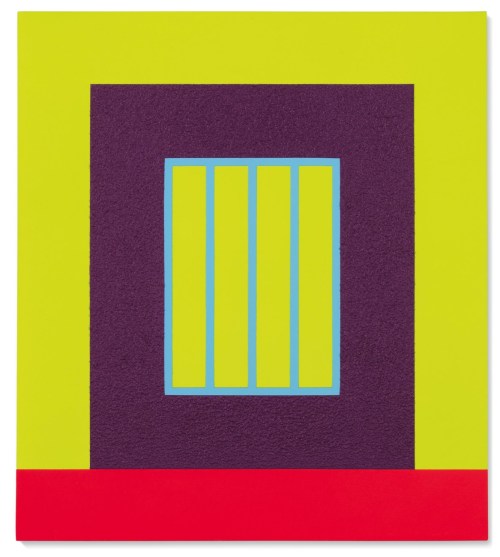 Peter Halley | Maroon Prisonacrylic, fluorescent acrylic, and Roll-a-Tex on canvas45 3/8 x