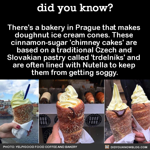 did-you-kno:  There’s a bakery in Prague that makes  doughnut ice cream cones. These  cinnamon-sugar ‘chimney cakes’ are  based on a traditional Czech and  Slovakian pastry called ‘trdelníks’ and  are often lined with Nutella to keep  them