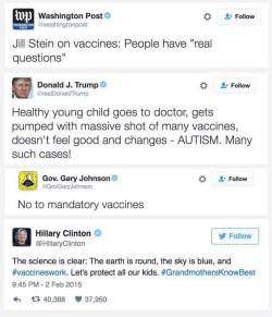 italymystery-swanqueen: oldtoadwoman:  ^ This is where the presidential candidates stand on vaccinations.  The science is clear: The earth is round, the sky is blue, and #VACCINESWORK. Let’s protect all our kids. 