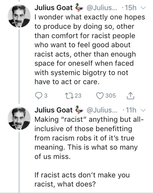 drinking-tea-at-midnight:  liberalsarecool:  scrotus-potus: *”If racist acts don’t make you racist, what does?”* If you benefit from racism while you vote for a known racist, how do you then find yourself in the “I’m not a racist” column?