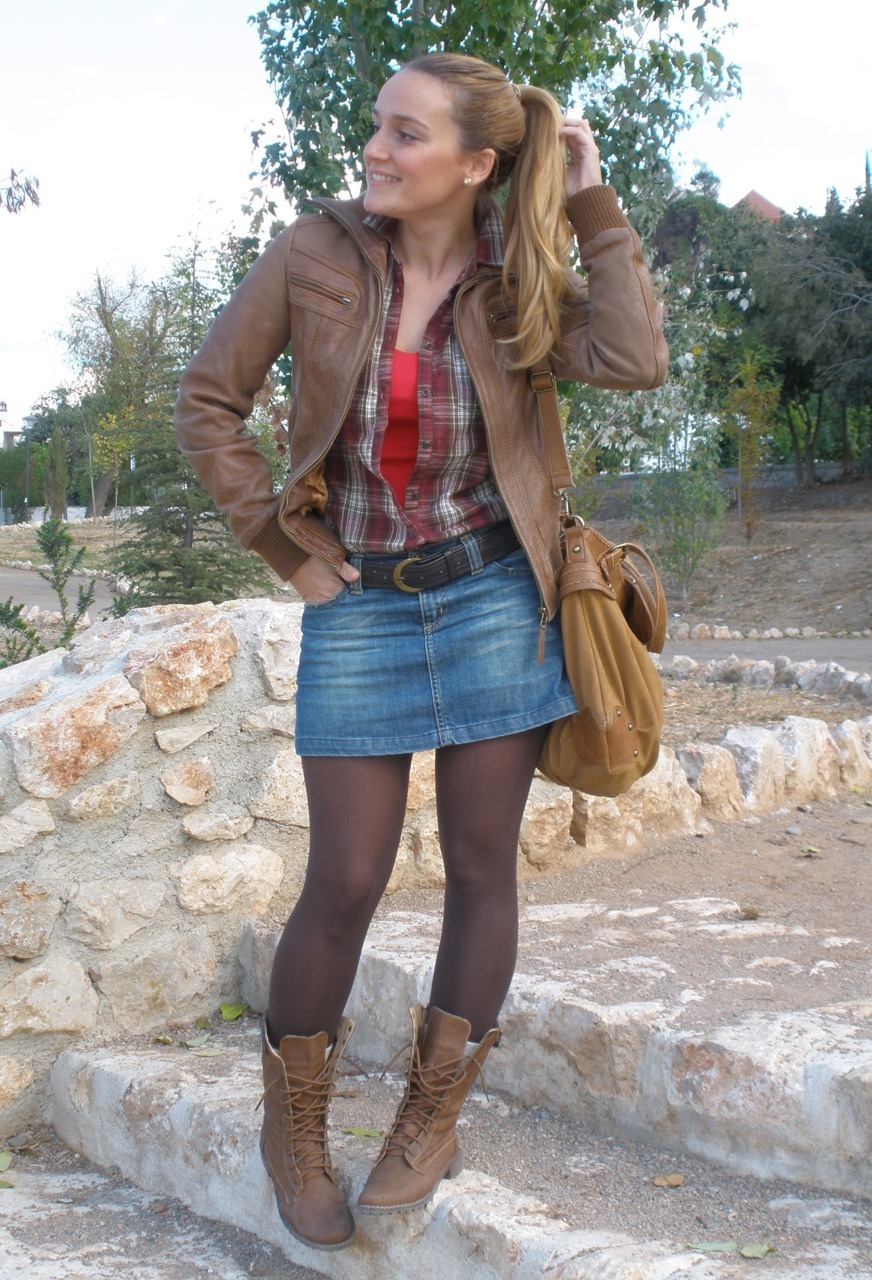 tightsobsession:  Jean skirt with opaque tights and boots. Tights week starts November