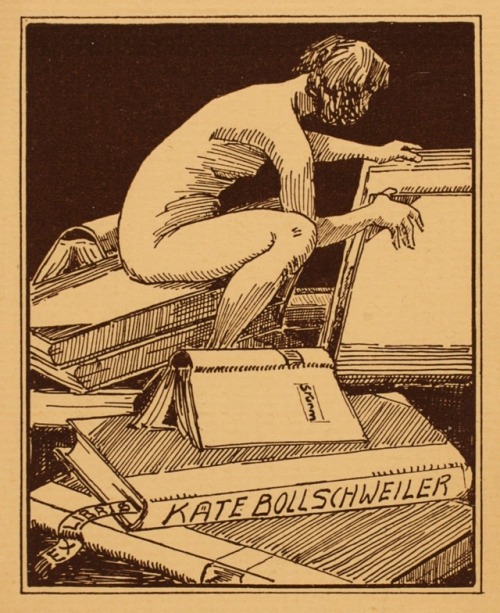 Käte Bollschweiler bookplate. Artist not known.Woman reads from large book while sitting on and