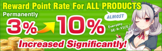 Thank you for shopping with DLsite.com.We are glad to announce an increase in the base rate that DLsite.com points are rewarded when you rate doujin products:from April 3rd 2017 at noon, we will permanently raise the rate from 3% to 10%.This change covers