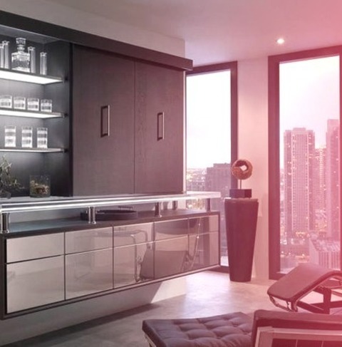 Home Bar - Contemporary Home BarLarge, Modern Image Of A Wet Bar With A Slate Floor, Glass Doors, And