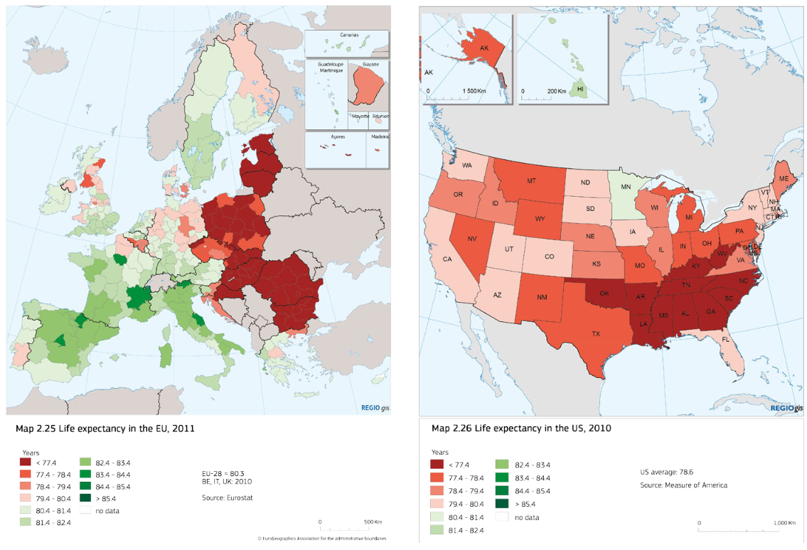 mapsontheweb:
“ Life expectancy EU vs. USA.
”
Lebenserwartung im Vergleich zwischen den USA und der EU