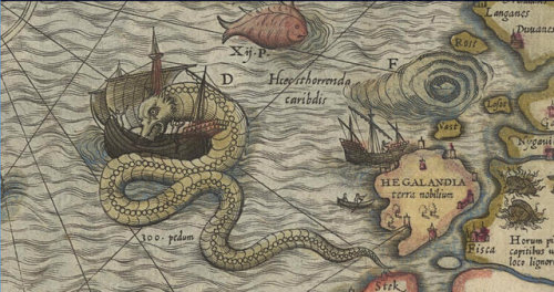 A sea serpent envelops a ship off of Norway in a 1579 map by Olaus Magnus. Though creatures precisel