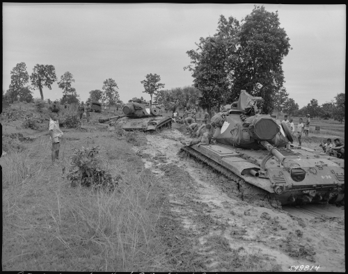 Two M41 Walker Bulldogs from the 4th Cavalry on a cross-country reconaissence mission become stuck i