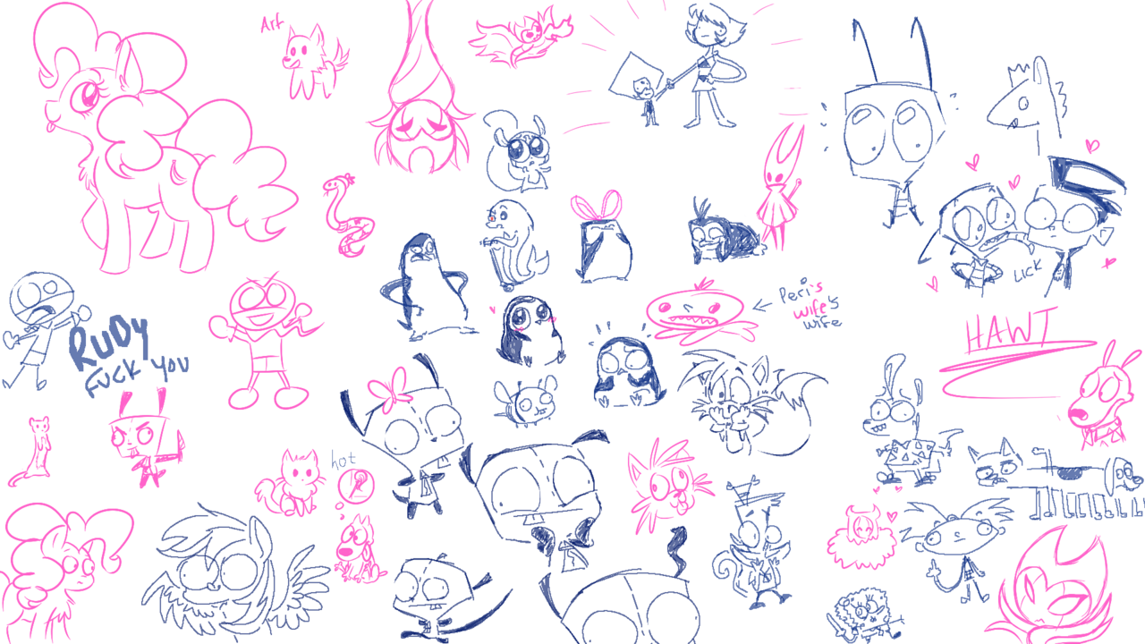 dippin-dott:Aggie doodles with @drawbauchery!! Her draws are blue and mine are pink!