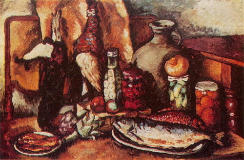 Game, fish, pickles (Still Life with pheasant), 1916, Ilya MashkovMedium: oil,canvas