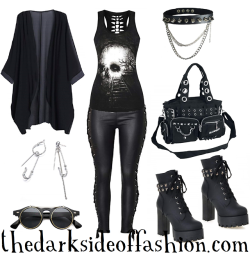 thedarksideoffashion:  Buy Here &gt;&gt;&gt; Sheer Cardigan ฟ / Safety Pin Earrings ű / Sunglasses บ / Top ฟ / Leggings ฺ / Choker บ / Bag เ / Boots ฻ thedarksideoffashion.com 