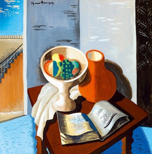 brvegel: Artist: Bene GezaDates: 1900-1960Title: Studio Still-life with Book, Fruit Bowl, with the B