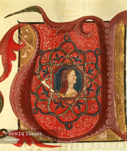 Initial capital letter U depicting the figure of a lady, miniature from a Medieval manuscript, Italy