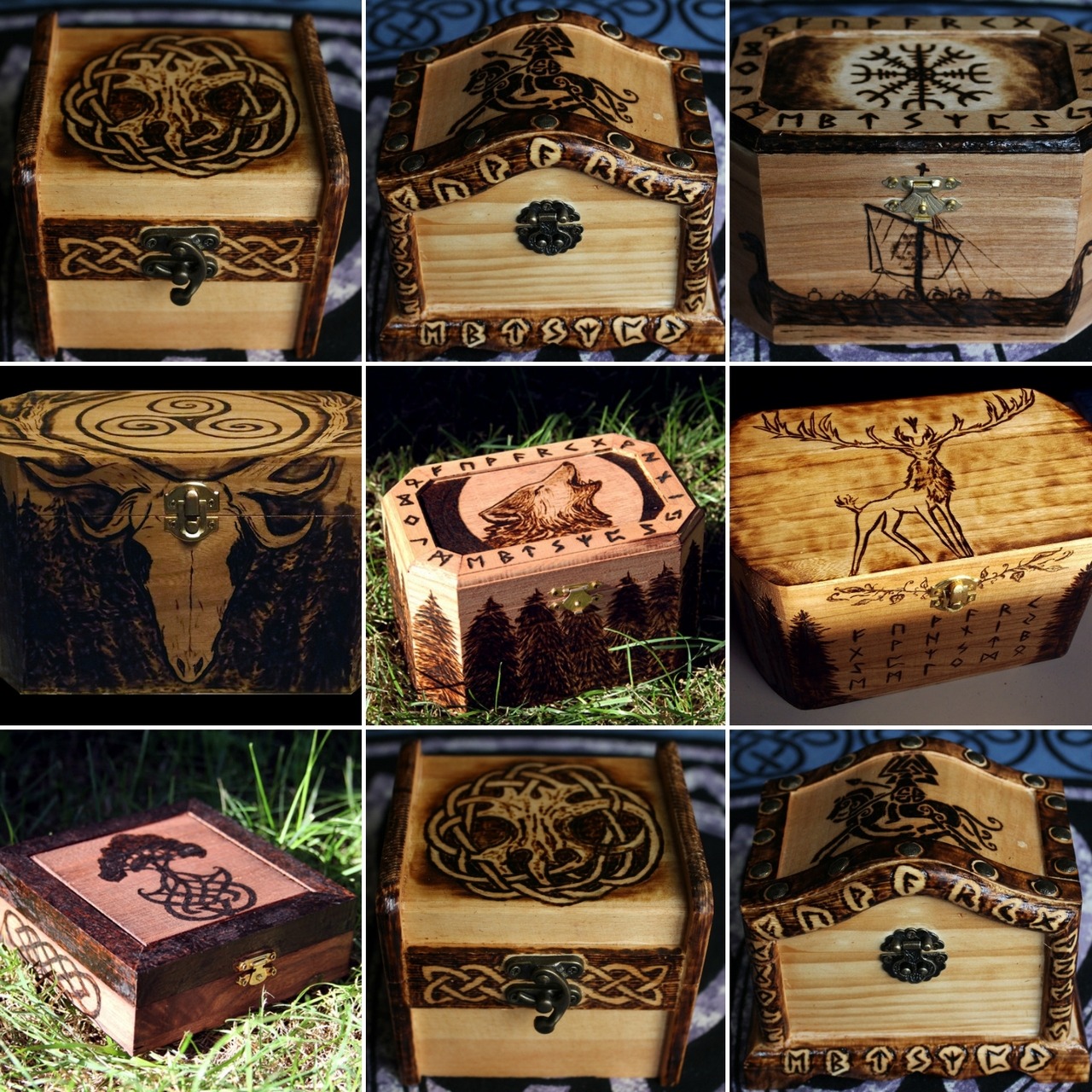 13thmoon:Some woodburned boxes I made for fun over the last few years. It’s been