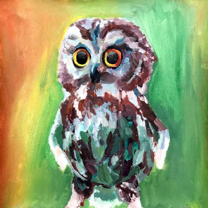 February 6, 2019. an acrylic painting of an owl for school