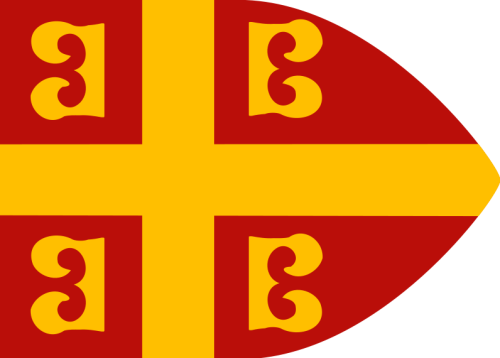 The imperial ensign (basilikon phlamoulon) carried by Byzantine warships in the 14th century, as des