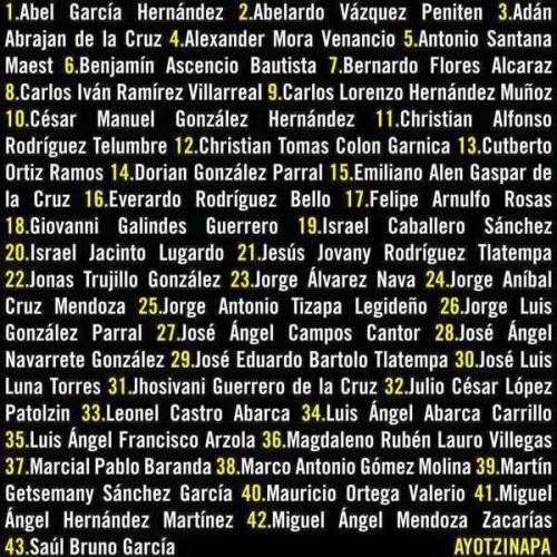sailorlunita:Today marks one year since the Mexican government kidnapped the 43 Ayotzinapa students.