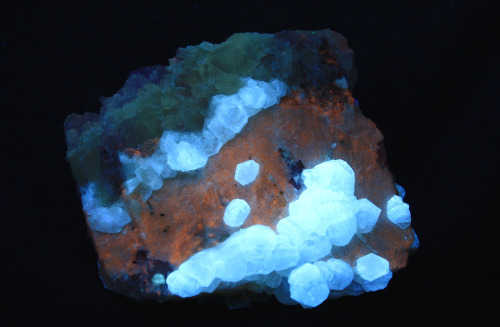 Witherite, calcite and fluorite from Rosiclare, Illinois.  Pictured under white light, long wave ult