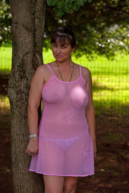 Mature In A See Through Pink Camisole & Panties Outside!