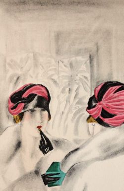 mote-historie:     Art Deco fashion illustration by José Zinoview, detail, Le Chapeau de velours (The velvet hat). Hat by Marthe Collot, La Gazette du Bon Ton, 1924-1925. For sale: Edition-Originale.com 